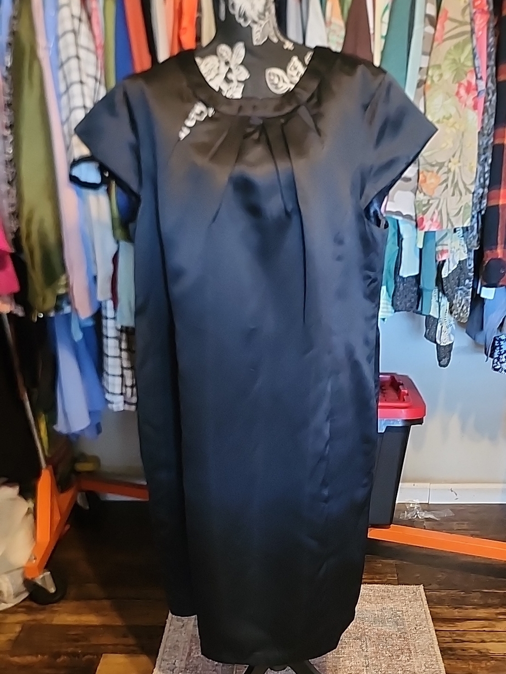 Ashro Black Satin Pleated Neck Midi Dress